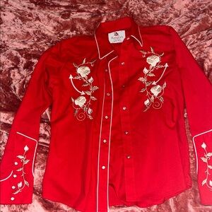 Rangers woman Slim Red cowgirl Shirt with Floral Embroidery